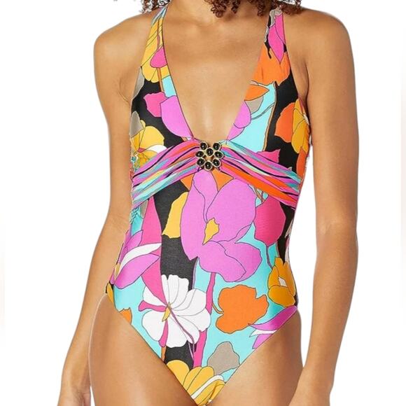 NEW Trina Turk One Piece Swimsuit Gemini Size 12 Plunge Colorful Florals - Picture 1 of 5